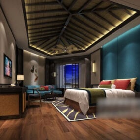 Phòng ngủ trang trí trần gỗ nội thất mô hình 3d