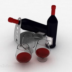 赤ワイングラス付きブラックボトル3Dモデル