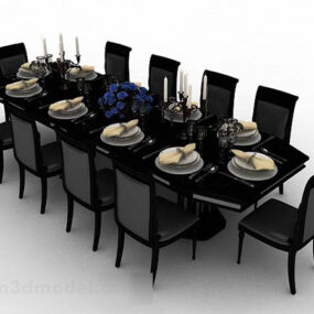 Meja Makan Dan Kursi Kayu Gelap model 3d