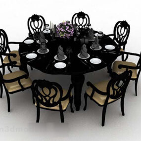 Black Round Dining Table And Chair 3d model