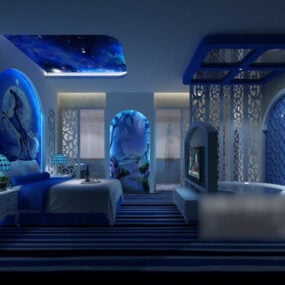 نموذج ثلاثي الأبعاد لغرفة النوم الداخلية باللون الأزرق