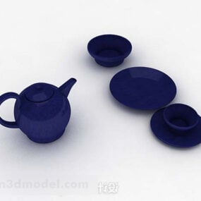 طقم شاي سيراميك أزرق موديل 3D