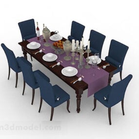 كرسي طاولة طعام خشبي قماش أزرق نموذج ثلاثي الأبعاد