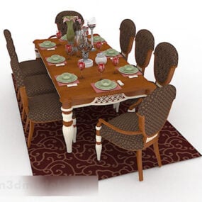 Brown Wood Dining Table And Chair V1 3d model