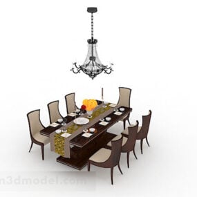 Brown Wooden Home Dining Table Chair 3d model