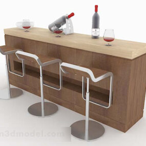 Brown Wooden Bar Table Chair 3d model