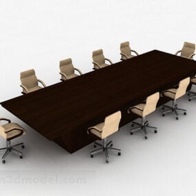 भूरे रंग की लकड़ी की कॉन्फ्रेंस टेबल और कुर्सी 3डी मॉडल