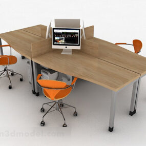 Brown Wooden Desk With Chairs 3d model