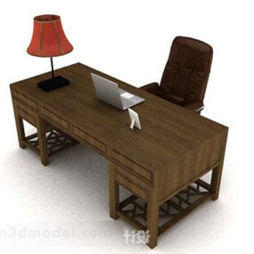Brown Wooden Study Table And Chair 3d model