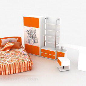 Tempat Tidur Anak Oranye Dengan Kabinet model 3d