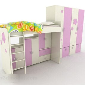 Children Purple Bed Cabinet Furniture 3d model