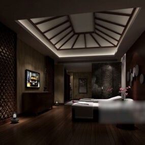 Kinesiskt trä hotellrum interiör 3d-modell