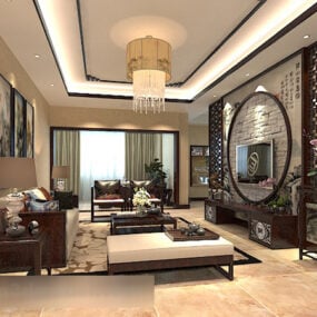 Mô hình nội thất đèn chùm trần phòng khách Trung Quốc 3d