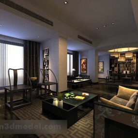3D-Modell des minimalistischen Innenraums des chinesischen Wohnzimmers