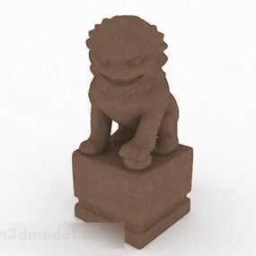 3д модель китайского коричневого каменного льва с резьбой