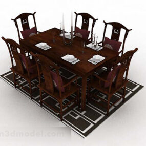 Chinese Style Brown Wooden Dining Table And Chair 3d model