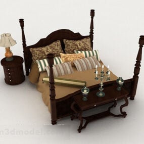 Chinese Style Home Brown Wooden Double Bed 3d model