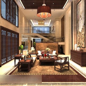 Kiinalaistyylinen olohuoneen katto, sisätilojen 3d-malli