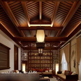 Chinese Style Living Room Wooden Ceiling Interior 3d model