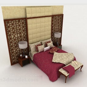 Modelo 3d de cama de casal vermelha estilo chinês