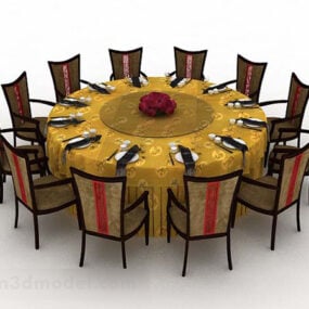 Kiinalainen pyöreä keltainen ruokapöytä ja tuoli 3d-malli