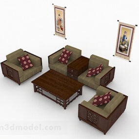 Model 3d Reka bentuk Sofa Kombinasi Kayu Coklat Gaya Cina