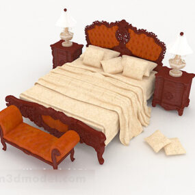 Chinese Style Wooden Brown Home Double Bed 3d model