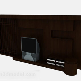 Modelo 3d de parede de fundo de TV de madeira escura chinesa