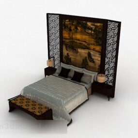 Chinese Design Wooden Double Bed 3d model