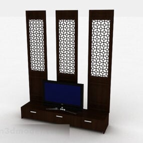 中式木质空心电视背景墙3D模型