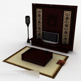 Modelo 3D de parede de fundo de TV de madeira tradicional chinesa