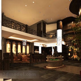 تصميم داخلي لغرفة المعيشة للفيلا الصينية نموذج ثلاثي الأبعاد