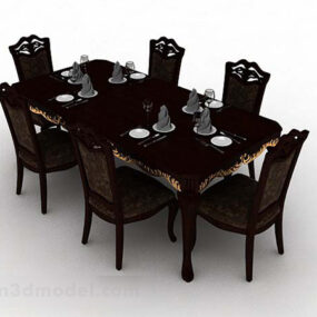 Mesa de comedor y silla de madera marrón oscuro modelo 3d