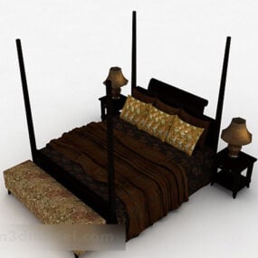 Furnitur Tempat Tidur Ganda Coklat Tua model 3d