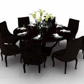 Dark Wood Round Dining Table Chair 3d model