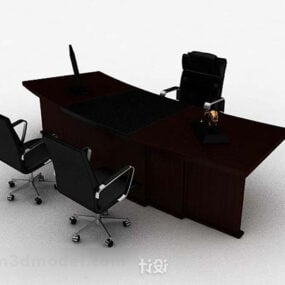 שולחן עבודה וכיסא מעץ בצבע חום כהה דגם תלת מימד