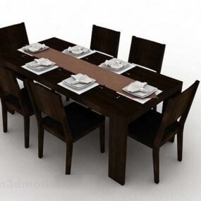 深棕色长方形餐桌椅3d模型