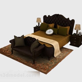 Dark Brown Wooden Home Double Bed 3d model