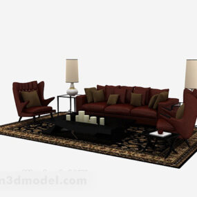 Dark Red Home Wooden Sofa 3d model