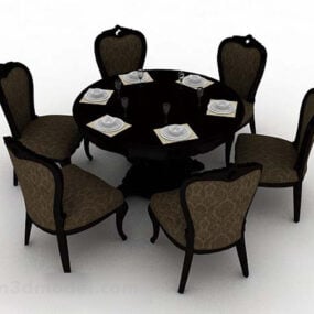 ชุดตกแต่งเก้าอี้โต๊ะรับประทานอาหารไม้สีเข้มแบบจำลอง 3 มิติ