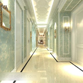 Model 3D wnętrza europejskiego korytarza hotelowego