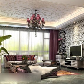 Đèn trần phòng khách châu Âu Mô hình 3d nội thất