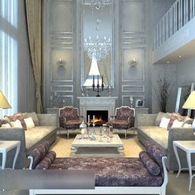 Evropský obývací pokoj krb interiér 3D model