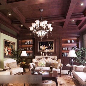 European Living Room Wooden Ceiling Interior 3d model