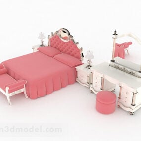 نموذج سرير مزدوج وردي أوروبي ثلاثي الأبعاد