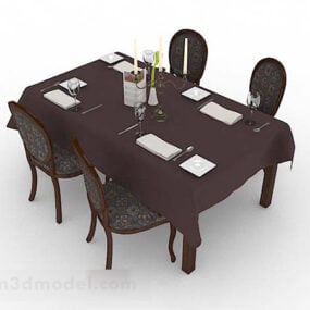 طاولة طعام وكرسي باللون البني الكلاسيكي الأوروبي نموذج ثلاثي الأبعاد