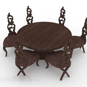 Evropský retro hnědý dřevěný stůl a židle Kombinace 3D modelu