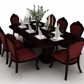 ست صندلی میز ناهارخوری چوبی اروپایی مدل سه بعدی