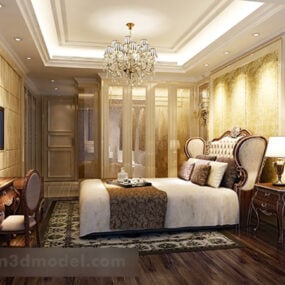 3д модель интерьера спальни в европейском стиле с люстрой