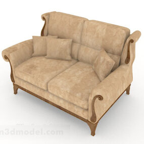 European-style Home Brown Wooden Double Sofa 3d model